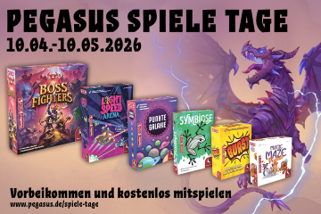 Man sieht verschiedene Pegasus Spielpackungen und dahinter einen Drachen.