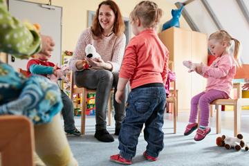 Bildmotiv 2 | Minikindergarten im MüZe Karben: Mehrere Kinder sitzen mit einer Leiterin im Kreis auf einem Stuhl und ein Kind steht in der Mitte