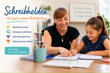Man sieht eine Frau uns ein Mädchen an einem Tisch fröhlich Schreibübungen machen.