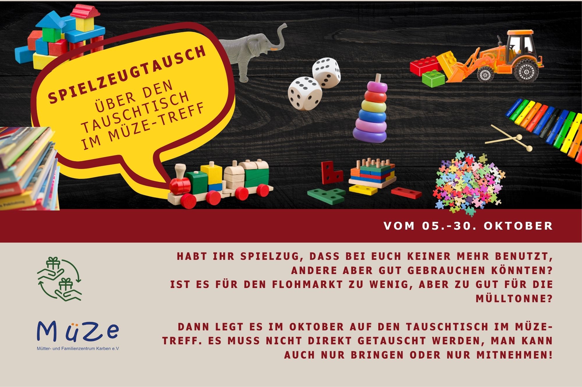Verschiedenes Spielzeug und der Aufruf, nicht mehr benötigtes Spielzeug zum Tauschtisch zu bringen.